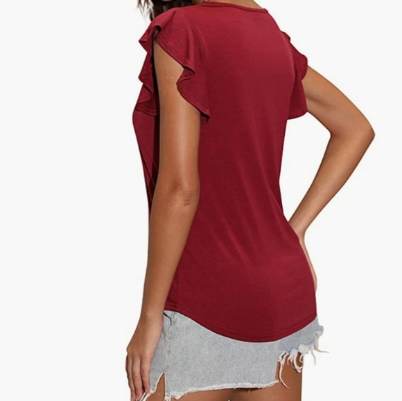 Ruffled Sleeve Curved Hemline Top - Picture 3 of 9